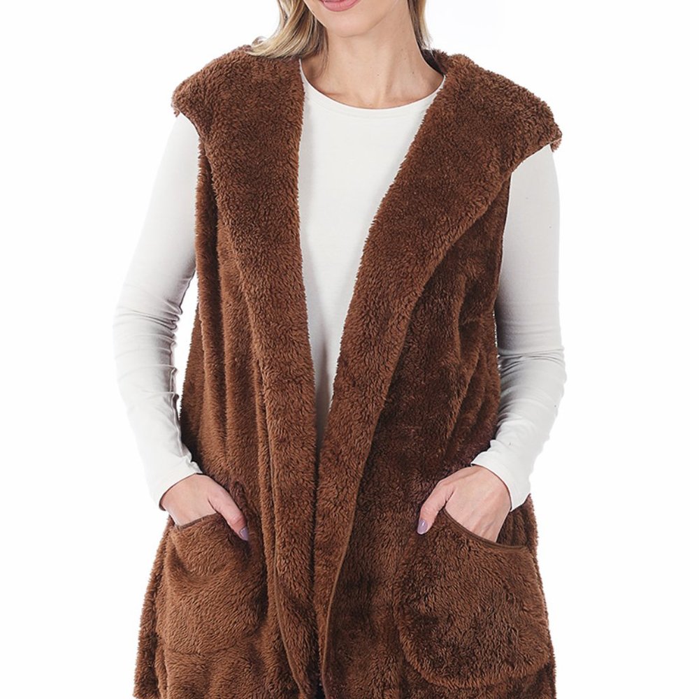 Zenana Oversized Large Cocoon Open Front Pockets Brown Hoodie Sleeveless…